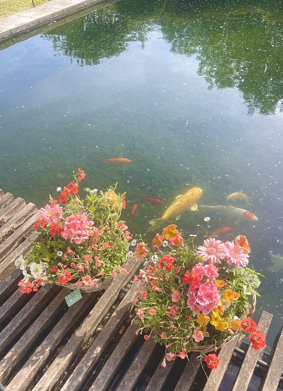 Catch buitenmand gevuld met pastèltinten zalm geel roze